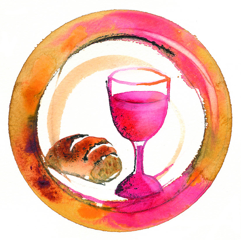 En akvarell av nattvardsämnen, brödet och vinet.