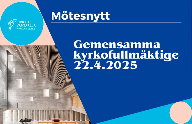 Dickursby kyrka interiör. Text i bilden: Mötesnnytt - Gemensamma kyrkofullmäktige 22.4.2025.