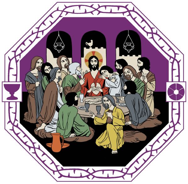 Andakt till minne av den första nattvarden Ritad bild av den sista nattvarden med Jesus och lärjungarna.