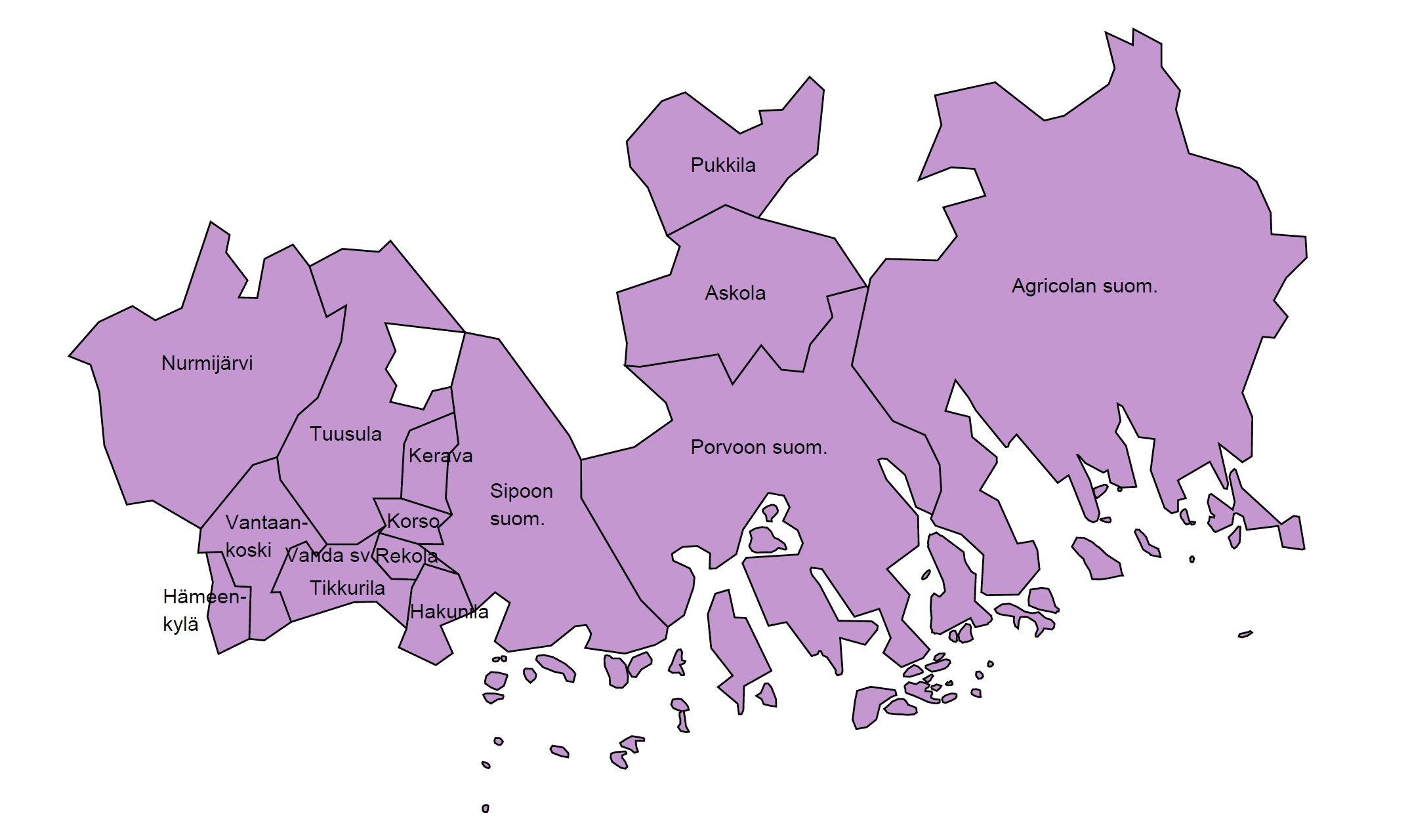 Kartan över Vanda regionala centralregisters verksamhetsområde. Askola, Pukkila, Porvoon suomalainen seurak...